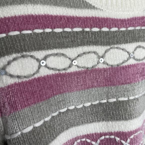 VTG Alfred Dunner Sweater LP Purple White Striped Chenille Pullover Grandma - Picture 13 of 15